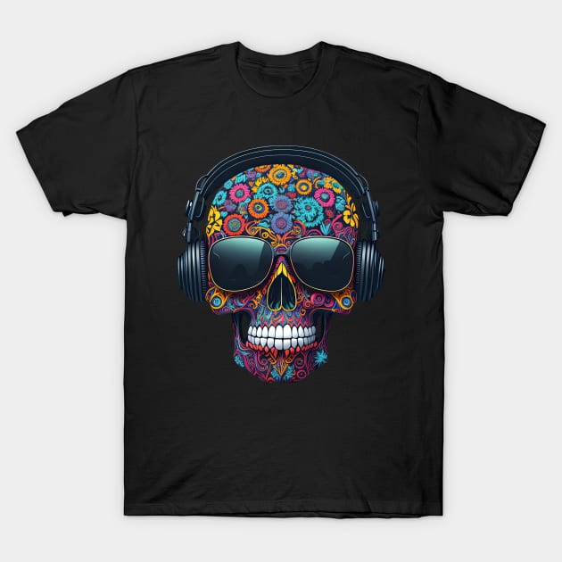 Funny Sugar Candy Skull With Headphones and Sun Glasses T-Shirt by allovervintage